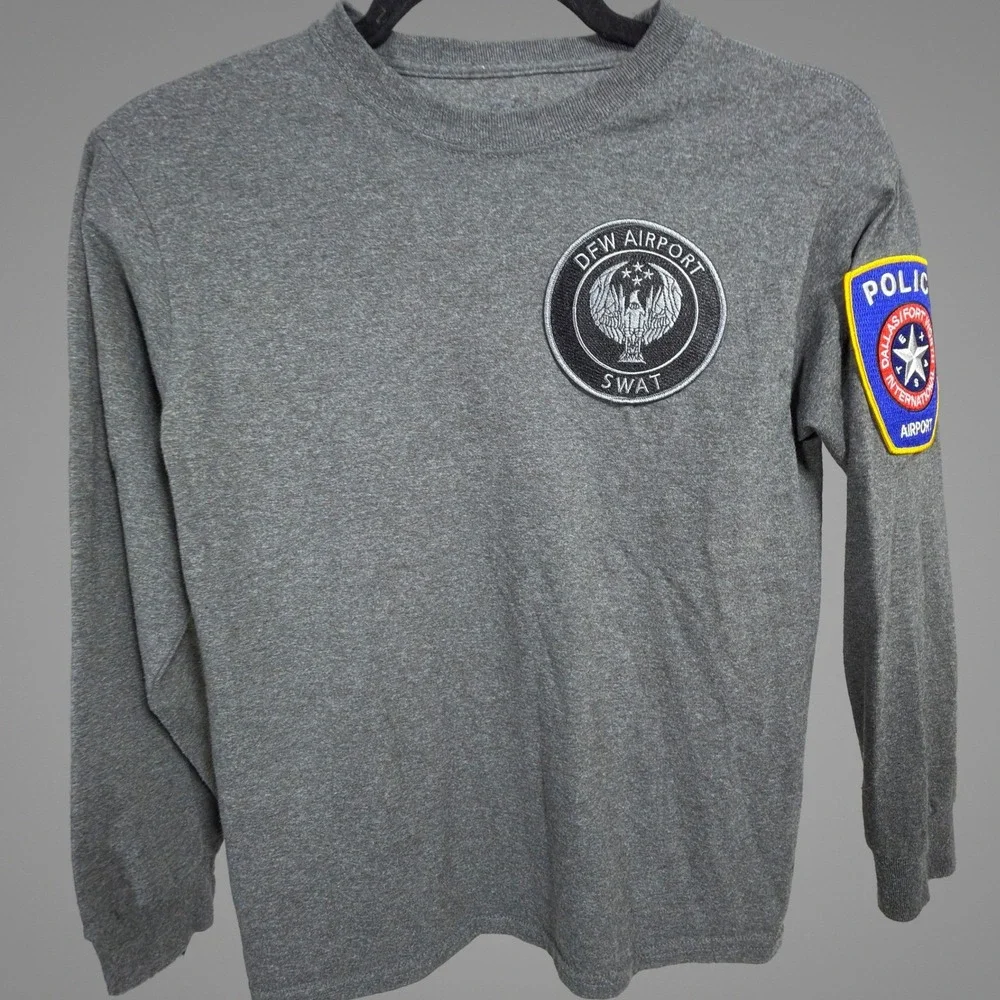 Fruit of the Loom Long Sleeve Shirt L 10/12 Youth DFW Airport SWAT Police Gray